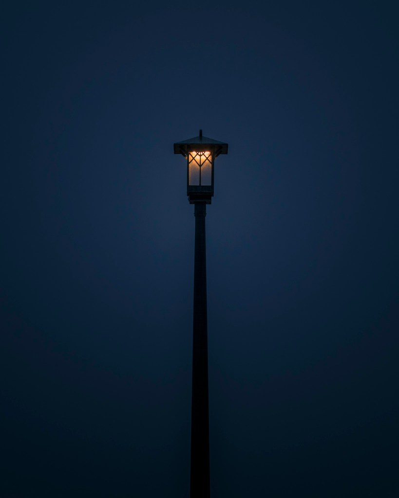 a single street light against a dark blue sky